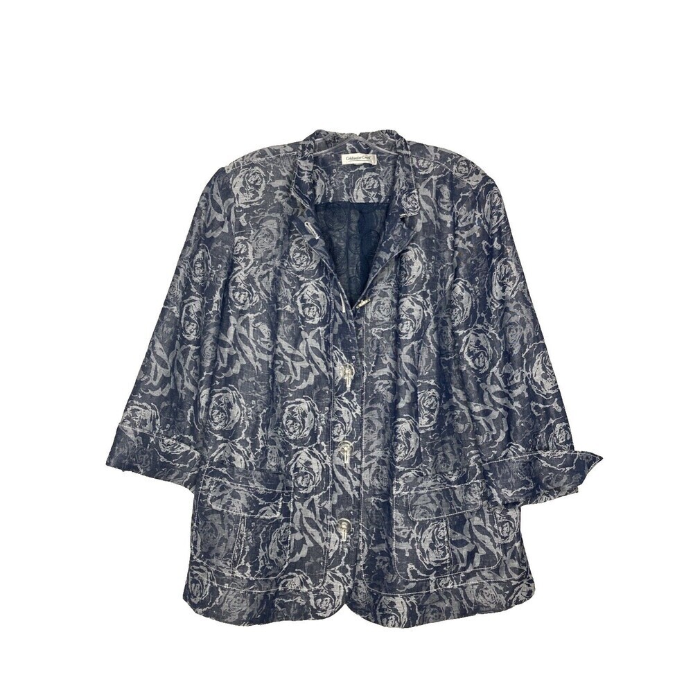 Coldwater Creek Jacket Women XL Blue Silver 3/4 Sleeve Button Up Collared Linen